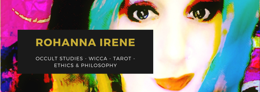 This image shows an artistic rendition of the hostess of the mage against the machine podcast. Across the box it says Rohanna Irene, and then occult studies, wicca, tarot, ethics & philosophy. Behind this is a brightly colored picture that has been digitally altered. It is vibrant with hot pink, blonde, teal, black, white, blue and such colors. The way it is colored, Rohanna looks like she has green and black hair and the tips may be blonde. She has a cute smile and shining eyes with a tinge of blue to them.